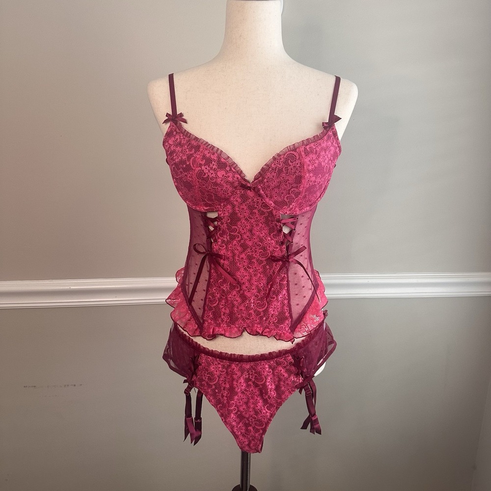 Victorias Secret Sexy Little Things Y2K Pink Sheer Lace Corset Top 36C Thong M/L